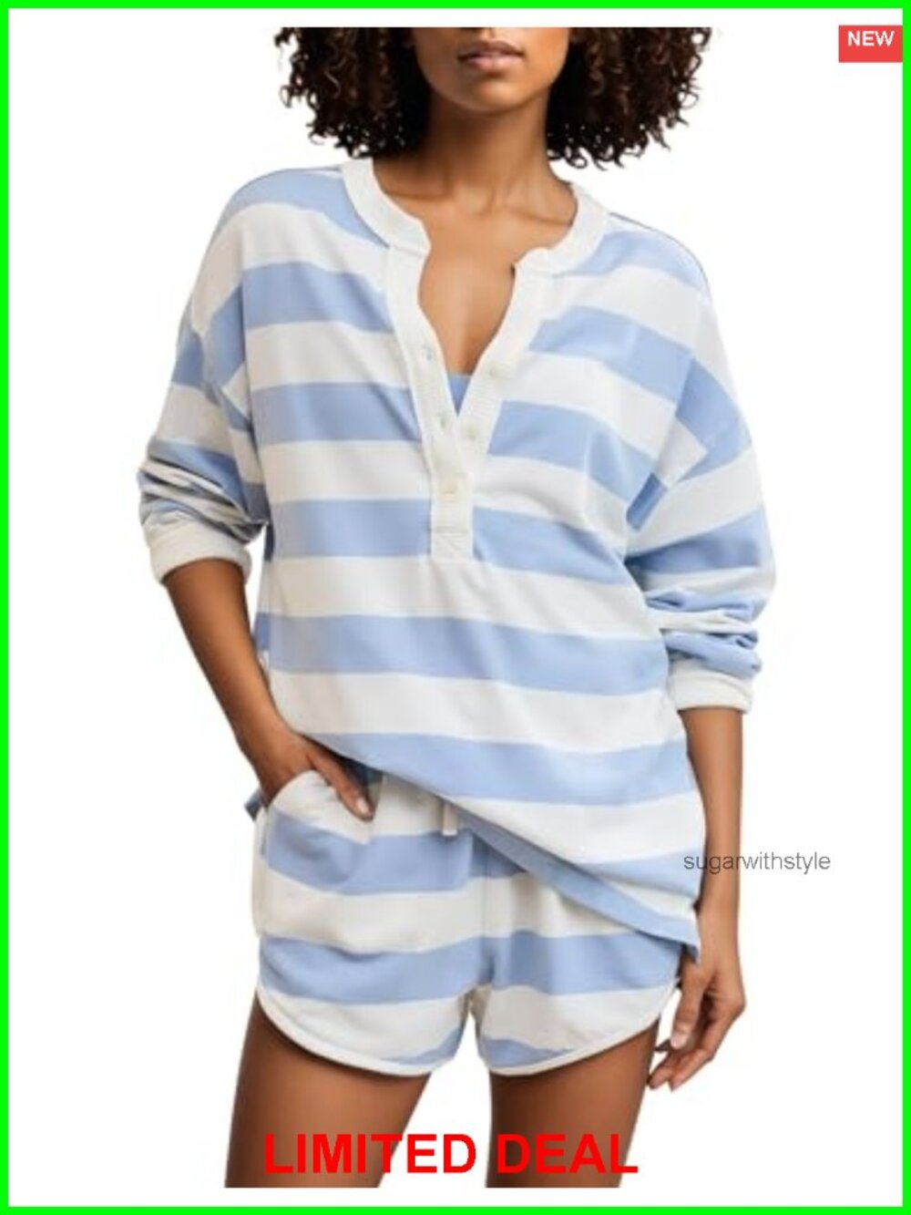 Women's 2 Piece Oversized Henley Shirt and Drawstring Shorts Set Cotton Blend